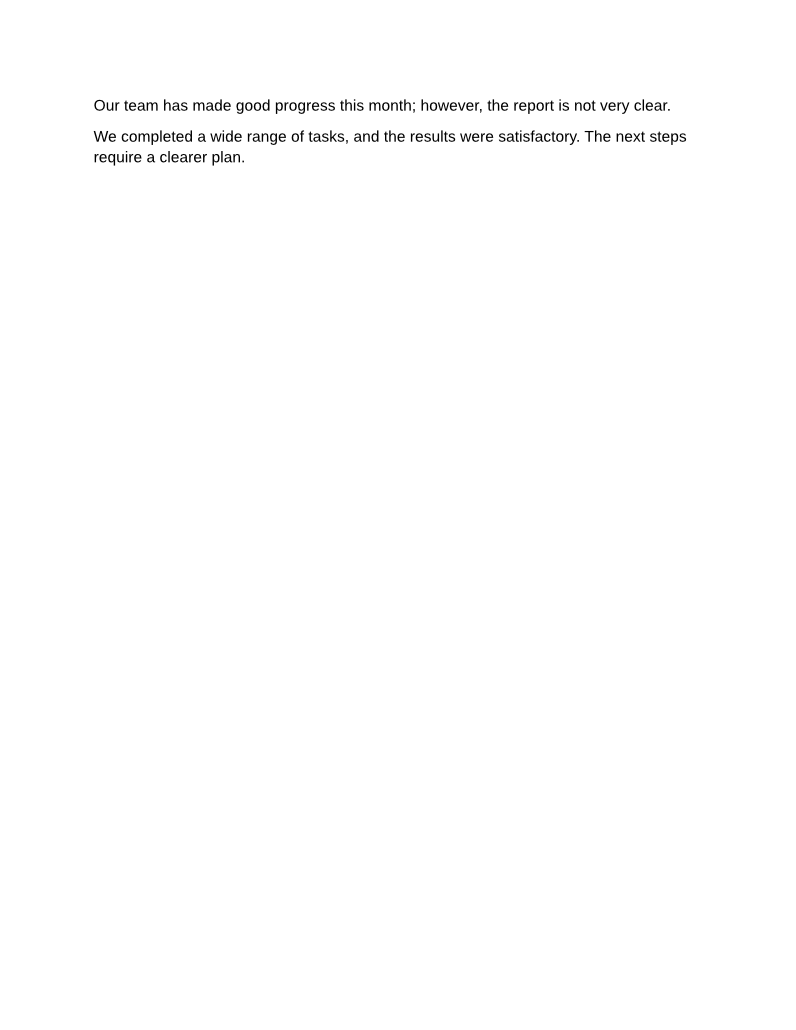 Rendered page from the edited one-page DOCX, showing the corrected team update